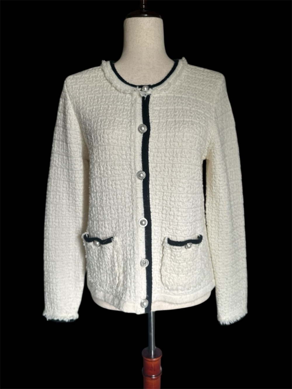 Talbot-Cream Bouclé Cardigan with Black Trim
Size M